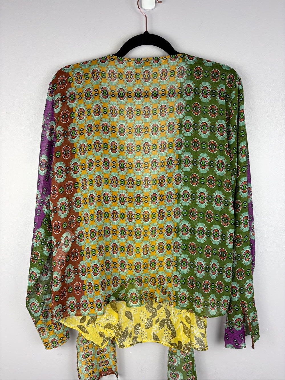 Zara Patchwork Boho Print Tie Front Ruffle Blouse Multicolor Large - Picture 15 of 15